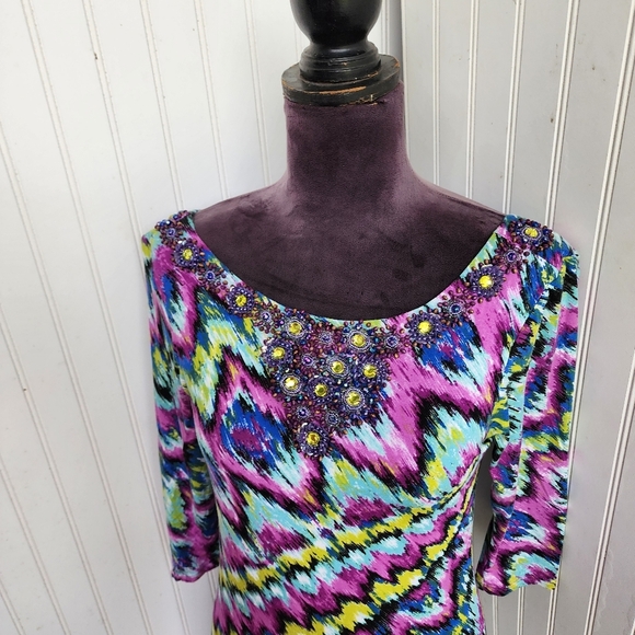 Joyous & Free Dress Colorful Tie Dye Print Bead Boat Neck Boho Strerch Jersey XS - Picture 3 of 14